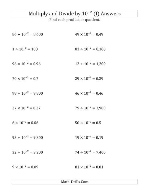 The Multiplying and Dividing Whole Numbers by 10<sup>-2</sup> (I) Math Worksheet Page 2