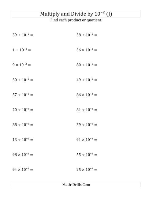 The Multiplying and Dividing Whole Numbers by 10<sup>-2</sup> (J) Math Worksheet