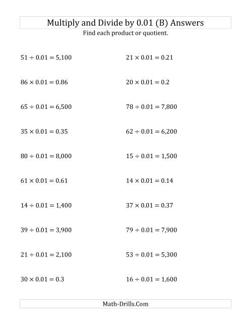 The Multiplying and Dividing Whole Numbers by 0.01 (B) Math Worksheet Page 2