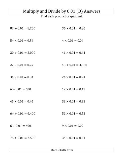 The Multiplying and Dividing Whole Numbers by 0.01 (D) Math Worksheet Page 2
