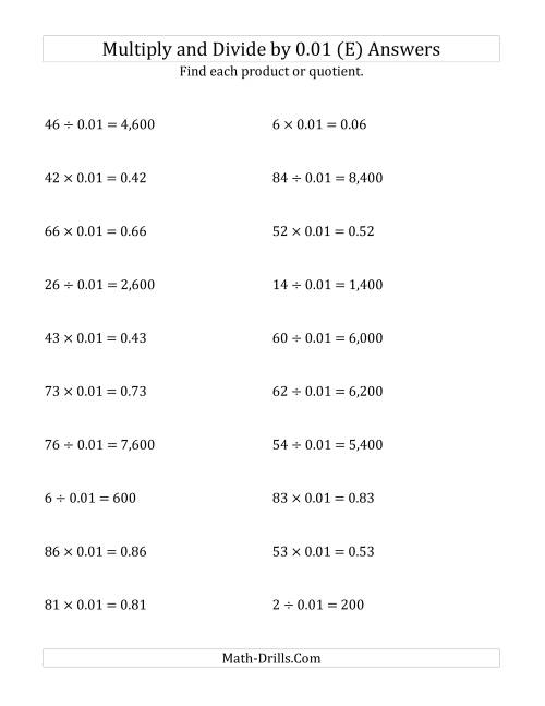 The Multiplying and Dividing Whole Numbers by 0.01 (E) Math Worksheet Page 2