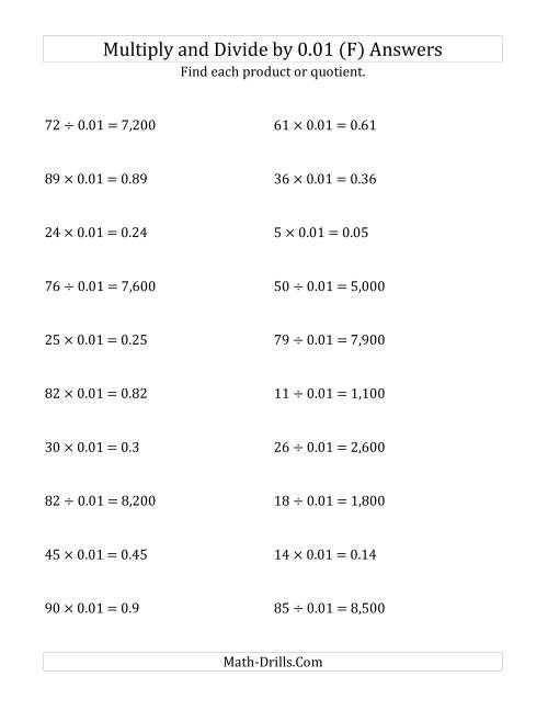 The Multiplying and Dividing Whole Numbers by 0.01 (F) Math Worksheet Page 2