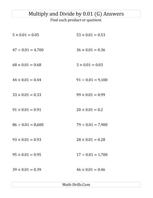 The Multiplying and Dividing Whole Numbers by 0.01 (G) Math Worksheet Page 2