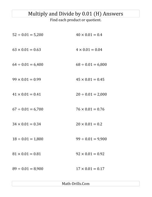 The Multiplying and Dividing Whole Numbers by 0.01 (H) Math Worksheet Page 2