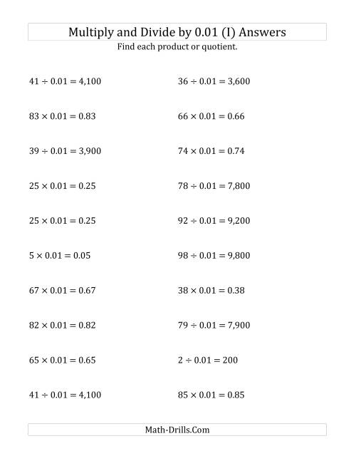 The Multiplying and Dividing Whole Numbers by 0.01 (I) Math Worksheet Page 2