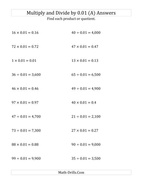 The Multiplying and Dividing Whole Numbers by 0.01 (All) Math Worksheet Page 2