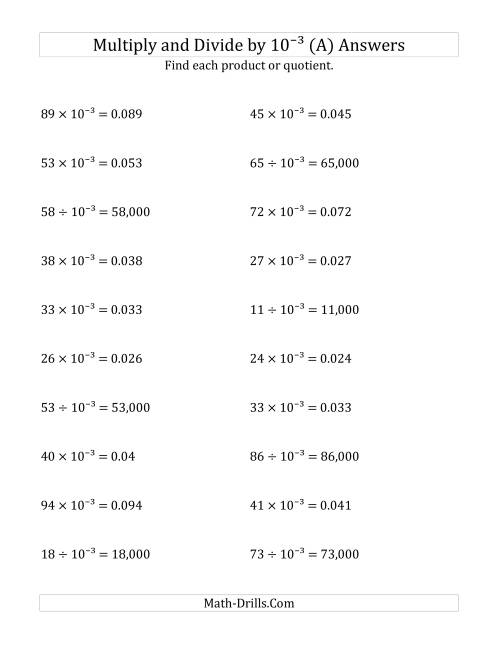 The Multiplying and Dividing Whole Numbers by 10<sup>-3</sup> (A) Math Worksheet Page 2