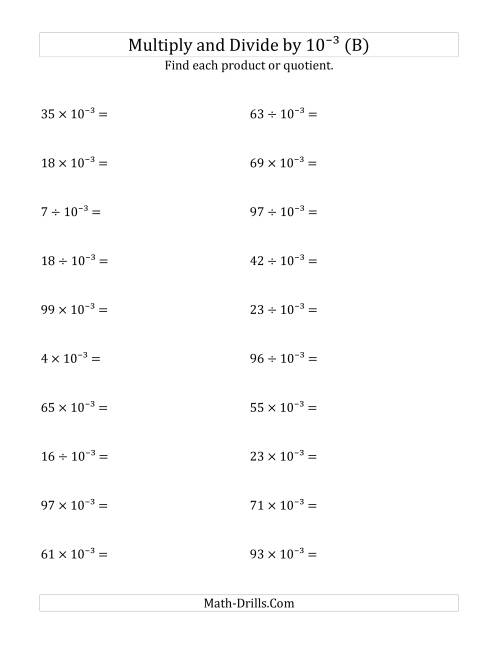 The Multiplying and Dividing Whole Numbers by 10<sup>-3</sup> (B) Math Worksheet