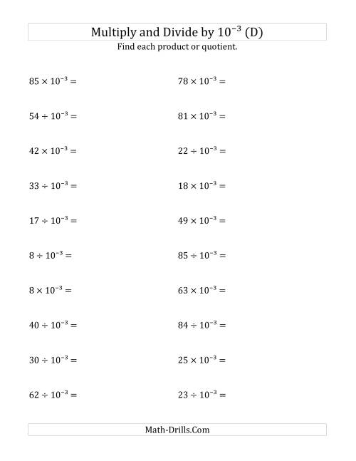 The Multiplying and Dividing Whole Numbers by 10<sup>-3</sup> (D) Math Worksheet