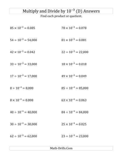 The Multiplying and Dividing Whole Numbers by 10<sup>-3</sup> (D) Math Worksheet Page 2