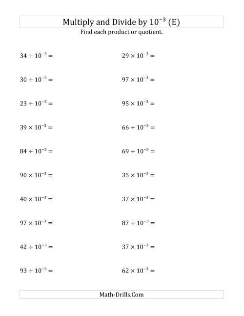 The Multiplying and Dividing Whole Numbers by 10<sup>-3</sup> (E) Math Worksheet