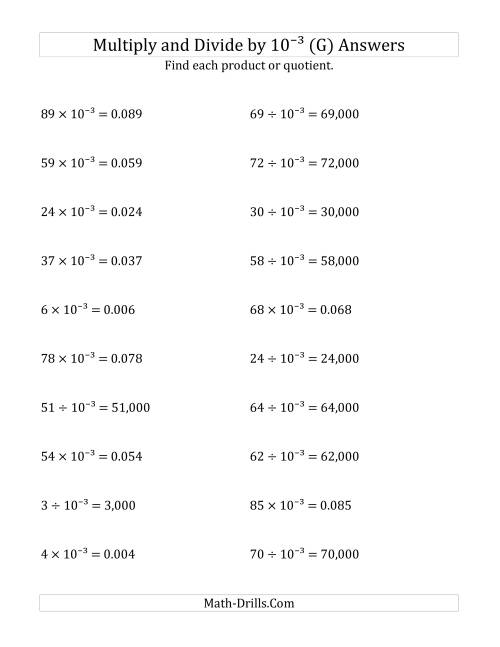 The Multiplying and Dividing Whole Numbers by 10<sup>-3</sup> (G) Math Worksheet Page 2