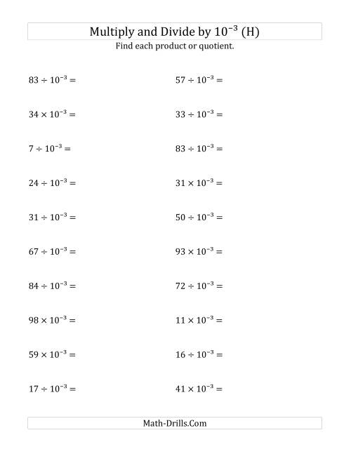 The Multiplying and Dividing Whole Numbers by 10<sup>-3</sup> (H) Math Worksheet