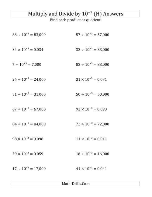 The Multiplying and Dividing Whole Numbers by 10<sup>-3</sup> (H) Math Worksheet Page 2