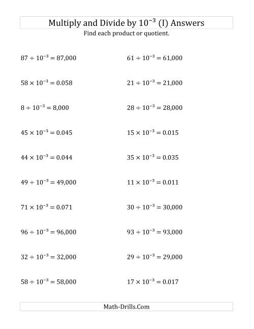 The Multiplying and Dividing Whole Numbers by 10<sup>-3</sup> (I) Math Worksheet Page 2