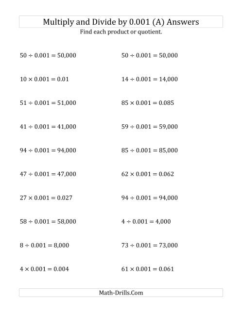 The Multiplying and Dividing Whole Numbers by 0.001 (A) Math Worksheet Page 2