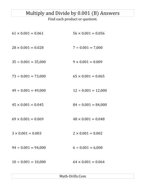The Multiplying and Dividing Whole Numbers by 0.001 (B) Math Worksheet Page 2