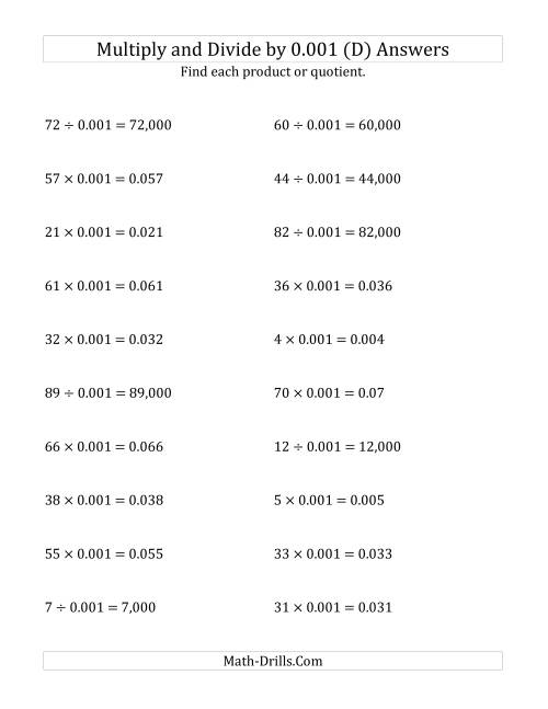 The Multiplying and Dividing Whole Numbers by 0.001 (D) Math Worksheet Page 2