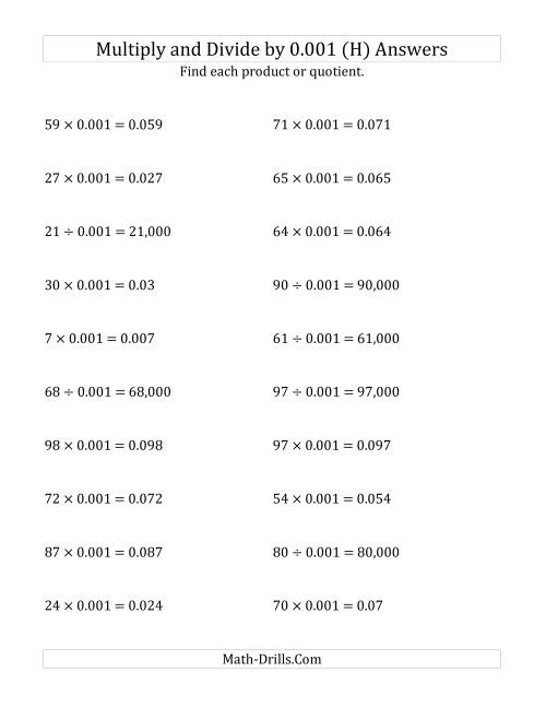 The Multiplying and Dividing Whole Numbers by 0.001 (H) Math Worksheet Page 2