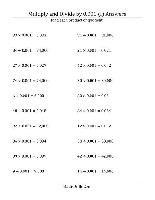 The Multiplying and Dividing Whole Numbers by 0.001 (I) Math Worksheet Page 2