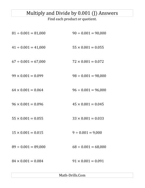 The Multiplying and Dividing Whole Numbers by 0.001 (J) Math Worksheet Page 2