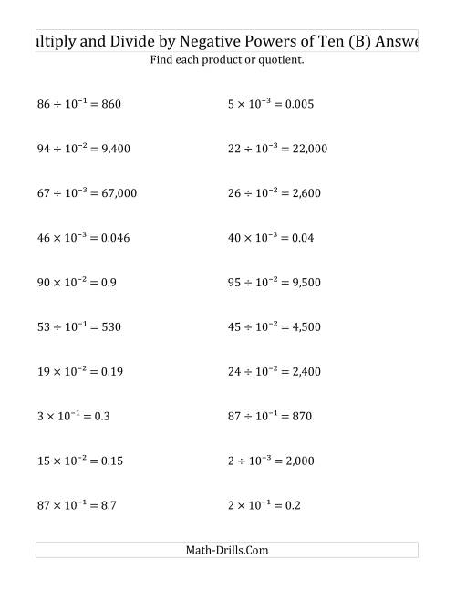 The Multiplying and Dividing Whole Numbers by Negative Powers of Ten (Exponent Form) (B) Math Worksheet Page 2