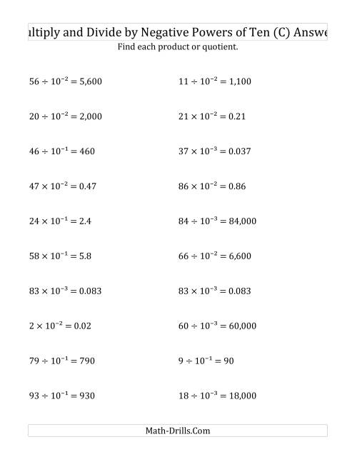 The Multiplying and Dividing Whole Numbers by Negative Powers of Ten (Exponent Form) (C) Math Worksheet Page 2