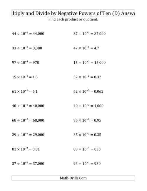 The Multiplying and Dividing Whole Numbers by Negative Powers of Ten (Exponent Form) (D) Math Worksheet Page 2