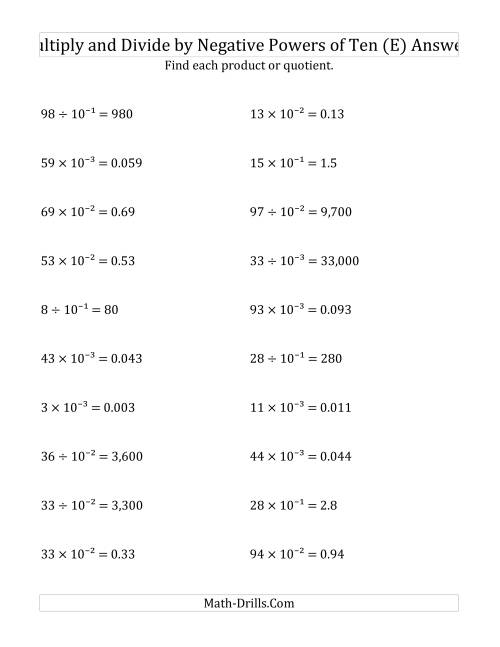 The Multiplying and Dividing Whole Numbers by Negative Powers of Ten (Exponent Form) (E) Math Worksheet Page 2