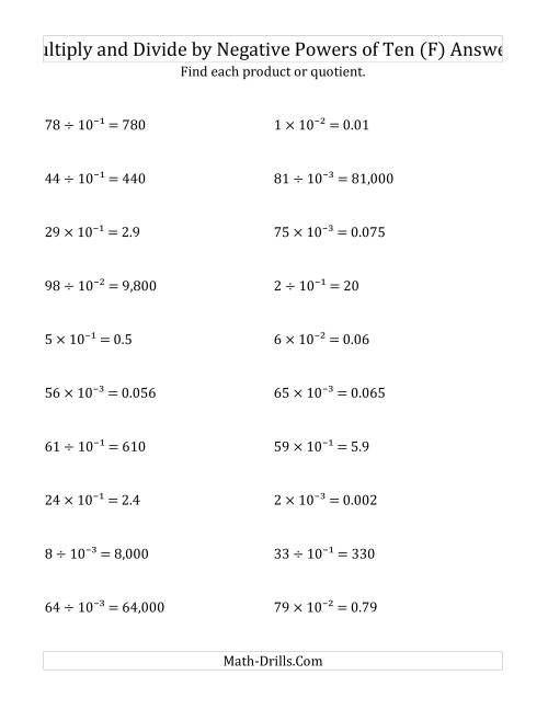 The Multiplying and Dividing Whole Numbers by Negative Powers of Ten (Exponent Form) (F) Math Worksheet Page 2