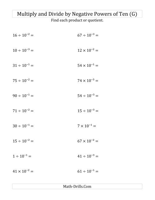 The Multiplying and Dividing Whole Numbers by Negative Powers of Ten (Exponent Form) (G) Math Worksheet