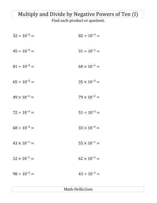 The Multiplying and Dividing Whole Numbers by Negative Powers of Ten (Exponent Form) (I) Math Worksheet