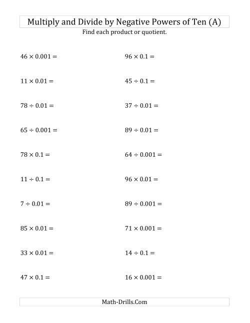 The Multiplying and Dividing Whole Numbers by Negative Powers of Ten (Standard Form) (A) Math Worksheet