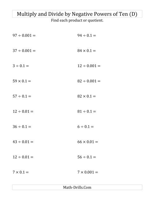 The Multiplying and Dividing Whole Numbers by Negative Powers of Ten (Standard Form) (D) Math Worksheet