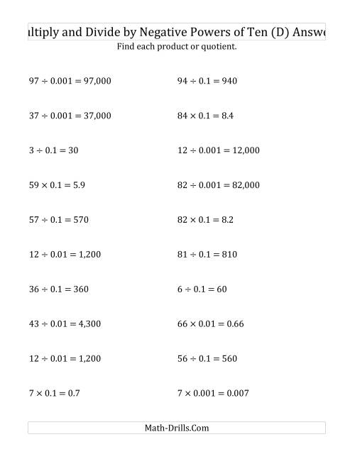 The Multiplying and Dividing Whole Numbers by Negative Powers of Ten (Standard Form) (D) Math Worksheet Page 2
