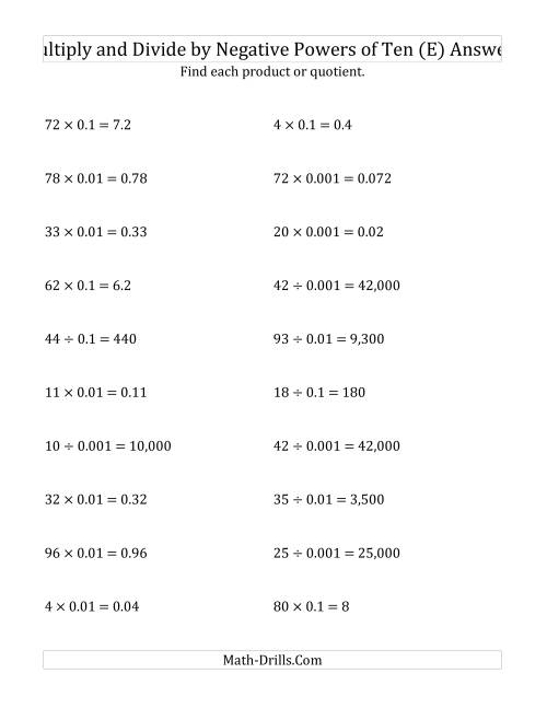 The Multiplying and Dividing Whole Numbers by Negative Powers of Ten (Standard Form) (E) Math Worksheet Page 2