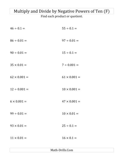 The Multiplying and Dividing Whole Numbers by Negative Powers of Ten (Standard Form) (F) Math Worksheet
