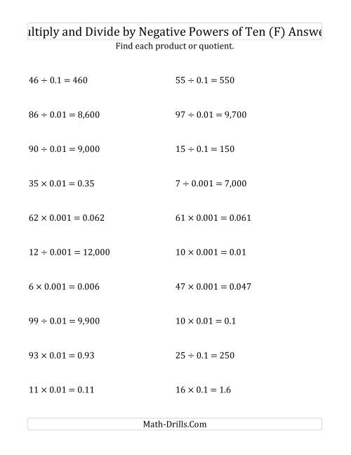 The Multiplying and Dividing Whole Numbers by Negative Powers of Ten (Standard Form) (F) Math Worksheet Page 2