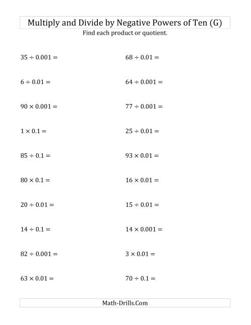 The Multiplying and Dividing Whole Numbers by Negative Powers of Ten (Standard Form) (G) Math Worksheet