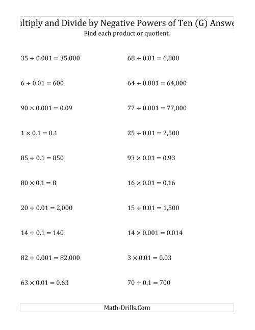 The Multiplying and Dividing Whole Numbers by Negative Powers of Ten (Standard Form) (G) Math Worksheet Page 2