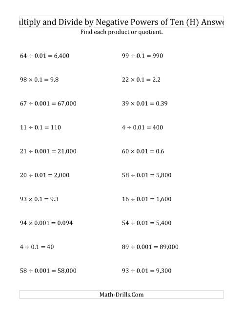 The Multiplying and Dividing Whole Numbers by Negative Powers of Ten (Standard Form) (H) Math Worksheet Page 2