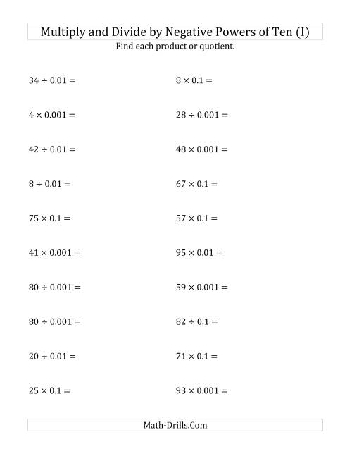 The Multiplying and Dividing Whole Numbers by Negative Powers of Ten (Standard Form) (I) Math Worksheet