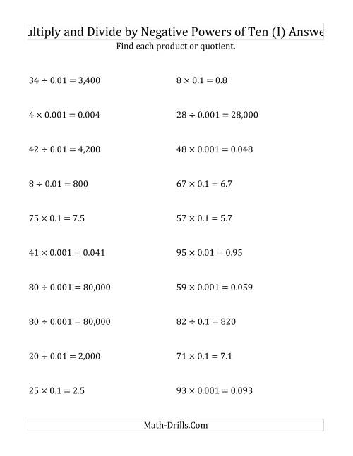 The Multiplying and Dividing Whole Numbers by Negative Powers of Ten (Standard Form) (I) Math Worksheet Page 2