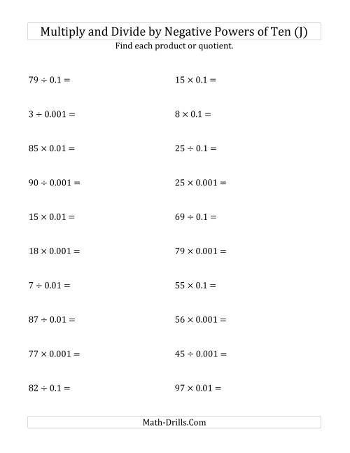 The Multiplying and Dividing Whole Numbers by Negative Powers of Ten (Standard Form) (J) Math Worksheet