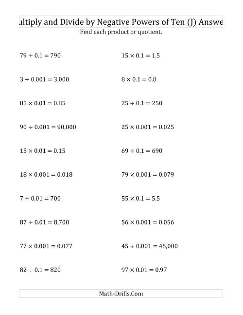 The Multiplying and Dividing Whole Numbers by Negative Powers of Ten (Standard Form) (J) Math Worksheet Page 2