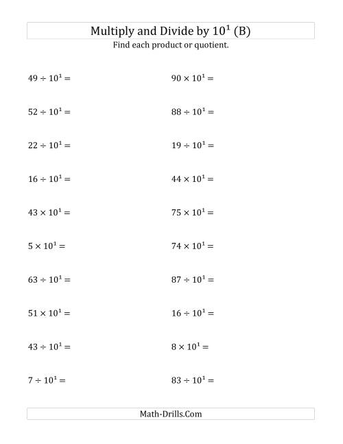 The Multiplying and Dividing Whole Numbers by 10<sup>1</sup> (B) Math Worksheet