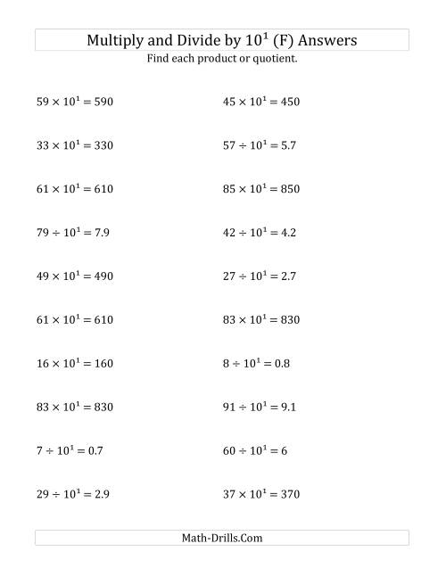 The Multiplying and Dividing Whole Numbers by 10<sup>1</sup> (F) Math Worksheet Page 2