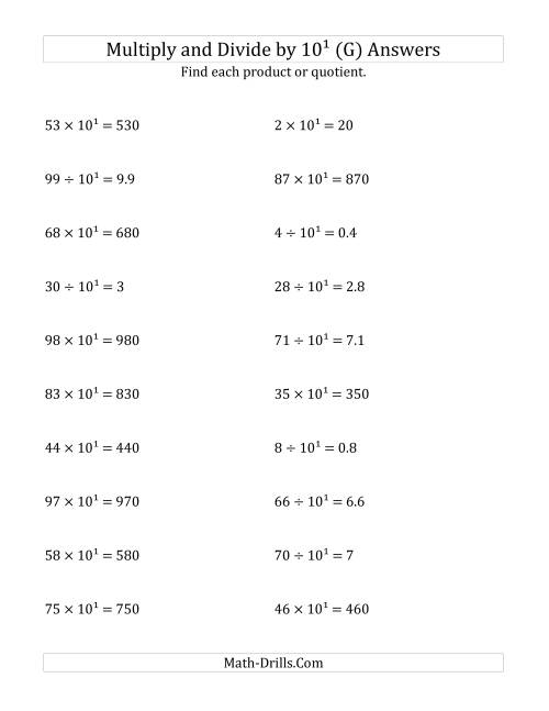 The Multiplying and Dividing Whole Numbers by 10<sup>1</sup> (G) Math Worksheet Page 2