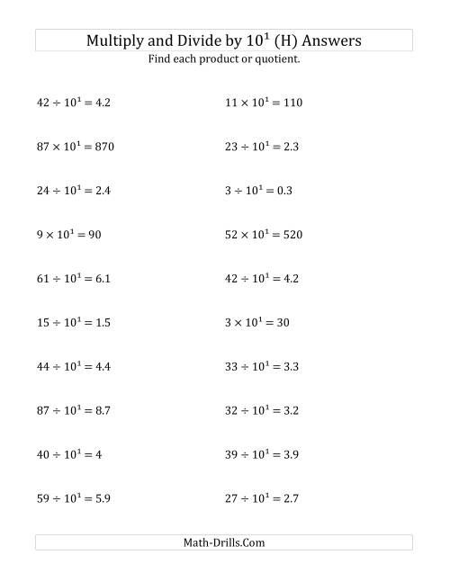 The Multiplying and Dividing Whole Numbers by 10<sup>1</sup> (H) Math Worksheet Page 2