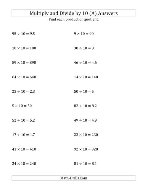 The Multiplying and Dividing Whole Numbers by 10 (A) Math Worksheet Page 2
